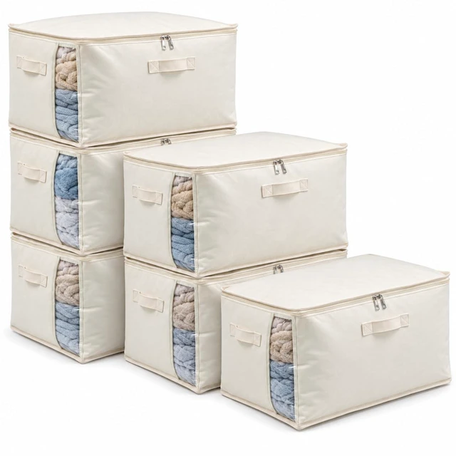 Main image of 6 Pack Canvas Comforter Storage Bags for Clothes & King Comforters, Natural | 70L Capacity, Dual Zippers, Three Reinforced Handles, Foldable Canvas Design for Comforters