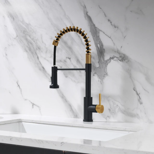 Alt view image 6 of 6 - Black and Gold Kitchen Faucet with Pull Down Sprayer | Single Hole Sink Faucet, Suitable for Farmhouses, RV, Laundry Room, Outdoor, and Campers