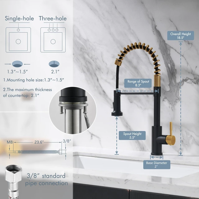 Alt view image 2 of 6 - Black and Gold Kitchen Faucet with Pull Down Sprayer | Single Hole Sink Faucet, Suitable for Farmhouses, RV, Laundry Room, Outdoor, and Campers