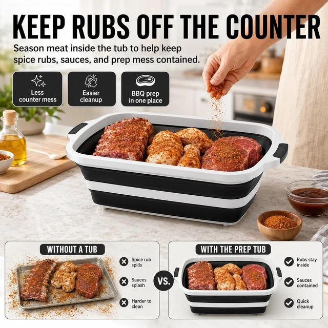 Alt view image 2 of 6 - BBQ Prep Tub, 30L Black XX-Large Collapsible Sink for Marinade | 30L extra-large tub for ribs, brisket, chicken and BBQ marinade