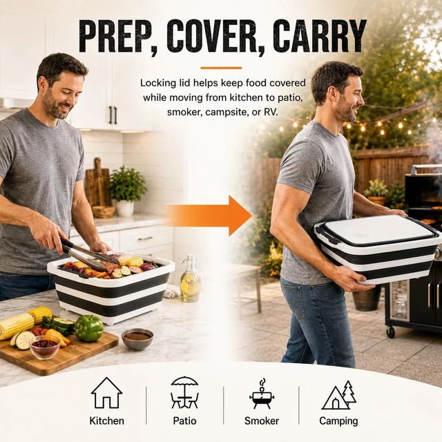 Alt view image 3 of 6 - BBQ Prep Tub, 30L Black XX-Large Collapsible Sink for Marinade | 30L extra-large tub for ribs, brisket, chicken and BBQ marinade