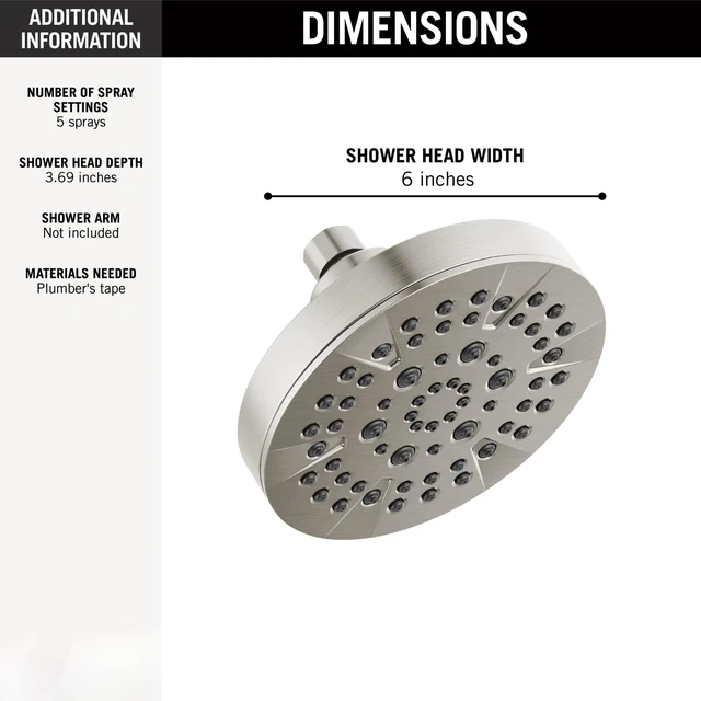 Alt view image 3 of 4 - 6-Setting Chrome Shower Head with High Pressure Spray, 6 Inch Round Shower Head, Showerheads, 1.75 GPM Flow Rate, Chrome 52535