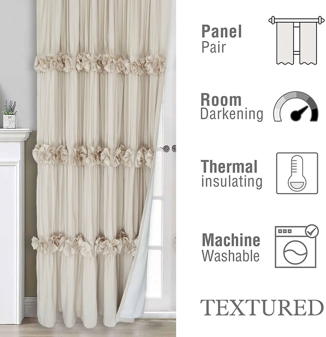 Alt view image 7 of 7 - Thermal Insulated Window Curtains, 54" W x 84" L (Pair) | Camel Boho Ruched Blackout Window Treatments with 3 Rows of Butterfly Flowers, Rustic Rod Pocket Drapes for Room (LQ-30)