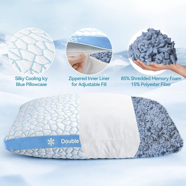 Alt view image 4 of 7 - Double Sided Cooling Pillow for Hot Sleepers, Shredded Memory Foam Pillows King Size Set of 2, Adjustable Soft & Firm Gel Bed Pillow for Side, Back, Stomach Sleepers