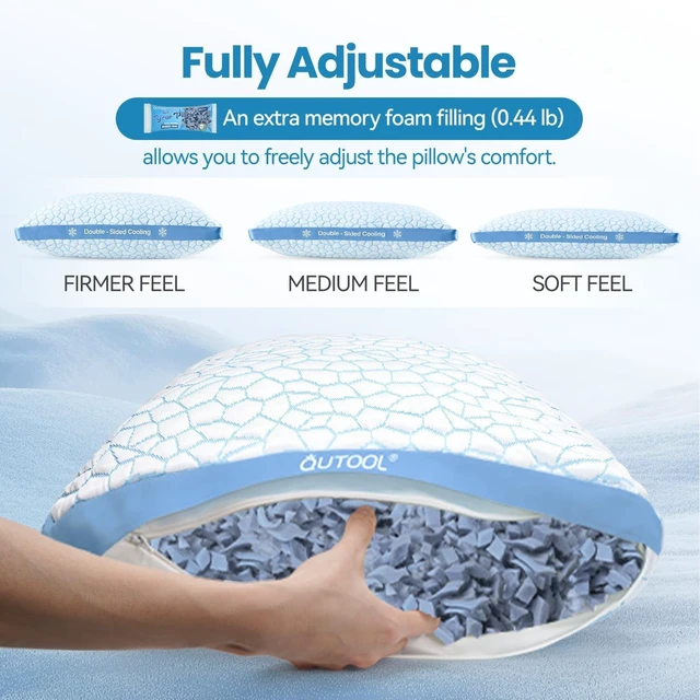 Alt view image 5 of 7 - Double Sided Cooling Pillow for Hot Sleepers, Shredded Memory Foam Pillows King Size Set of 2, Adjustable Soft & Firm Gel Bed Pillow for Side, Back, Stomach Sleepers