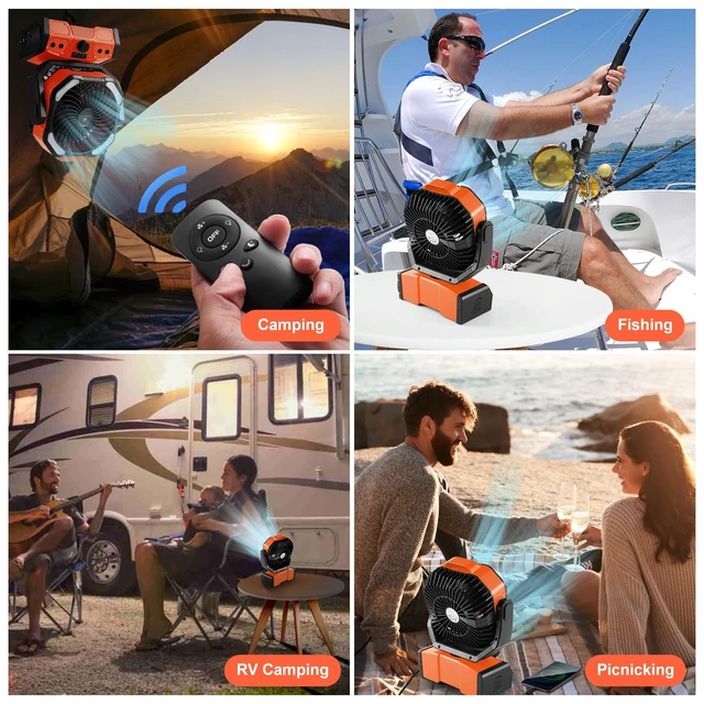 Alt view image 7 of 7 - 40000mAh Camping Fan with Lantern, Battery Operated Oscillating Fan | Desk Fan with Remote & Hook, Rechargeable Outdoor Tent Fan with Timer for Hurricane Power Outage Travel Jobsite RV, Orange