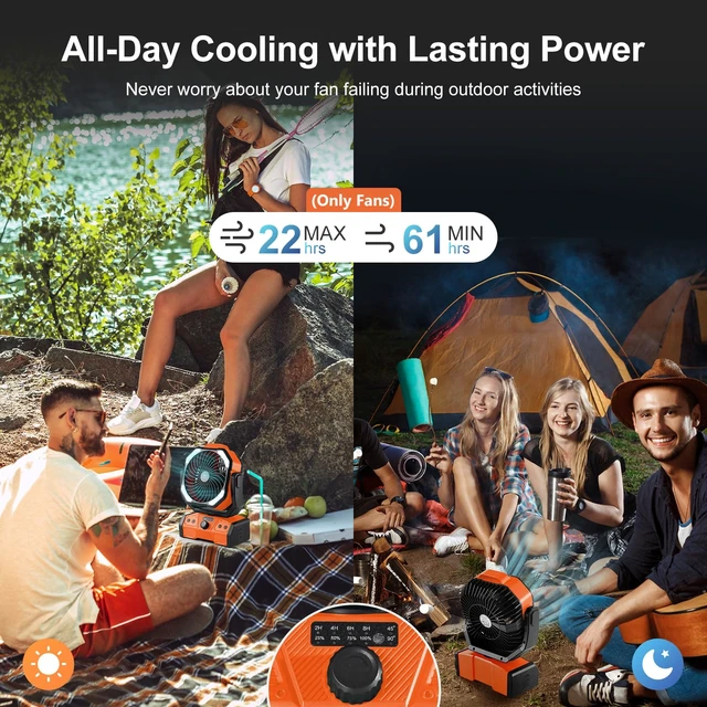 Alt view image 2 of 7 - 40000mAh Camping Fan with Lantern, Battery Operated Oscillating Fan | Desk Fan with Remote & Hook, Rechargeable Outdoor Tent Fan with Timer for Hurricane Power Outage Travel Jobsite RV, Orange