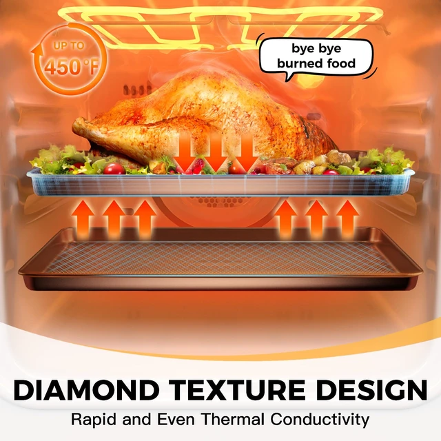 Alt view image 7 of 7 - 9-Piece Baking Pans Set Nonstick, Stackable Non Toxic Bakeware Sets with Diamond Texture, Oven Pan Set for Cooking, Includes Cookie Sheet with Rack, Cake Pan, Roasting Pan, Muffin Tin, Gold