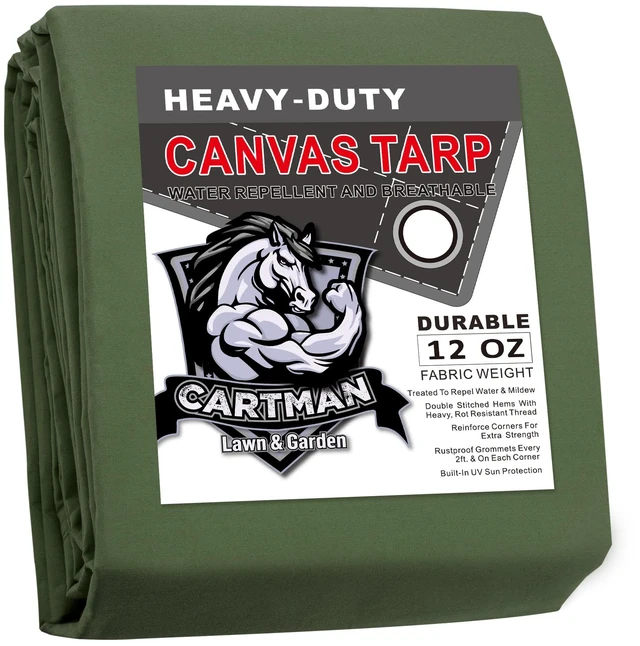 Main image of 10x12 Feet 12 Oz Heavy Duty Canvas Tarp, Green | Finished Size, Multipurpose heavy tarpaulin with rustproof grommets, Great for canopy, camping, woodpile and roof covering