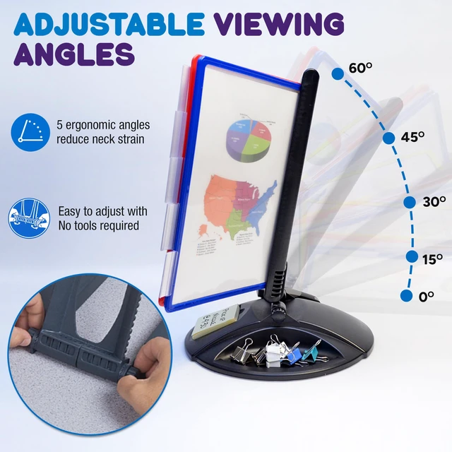 Alt view image 3 of 7 - AdjustaView Supply Base Desk Reference Display Organizer CL | 5 Adjustable Viewing Angles PLUS Functional Supply Storage Base, 10 Letter Size EZ-Load Color Pockets, Easy No Tool Assembly