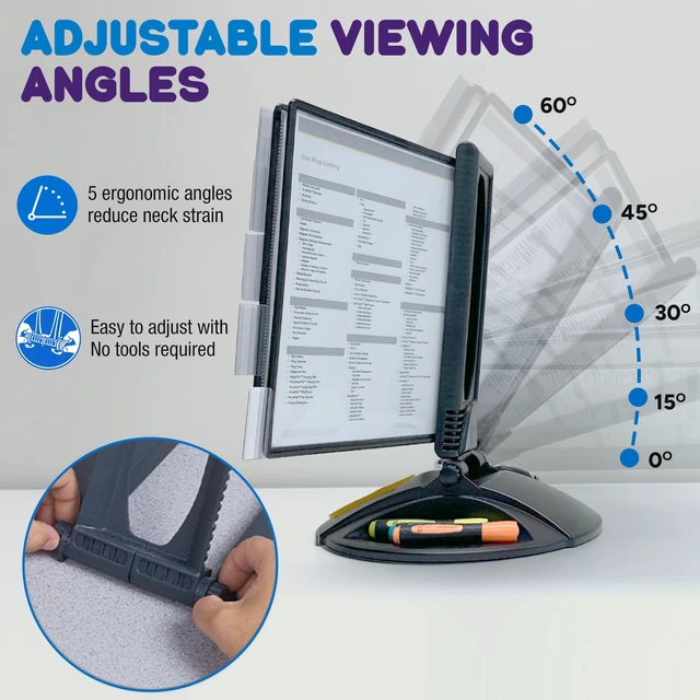Alt view image 3 of 7 - AdjustaView Supply Base Desk Reference Display Organizer BK | 5 Adjustable Viewing Angles PLUS Functional Supply Storage Base, 10 Letter Size EZ-Load Black Pockets, Easy No Tool Assembly