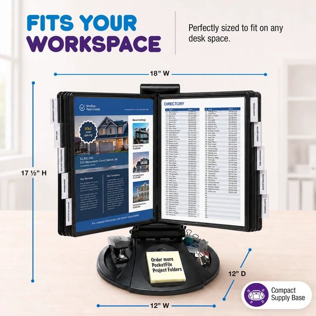 Alt view image 5 of 7 - AdjustaView Supply Base Desk Reference Display Organizer BK | 5 Adjustable Viewing Angles PLUS Functional Supply Storage Base, 10 Letter Size EZ-Load Black Pockets, Easy No Tool Assembly