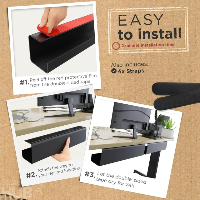 Alt view image 3 of 7 - Scanfield Under Desk Cable Management Tray, No-Screw, 17-Inch, 4-Pack Black | Clear the Workspace Fast with Super Strong 24-Hour Cure Adhesive, 3.5 Interior for Power Strips