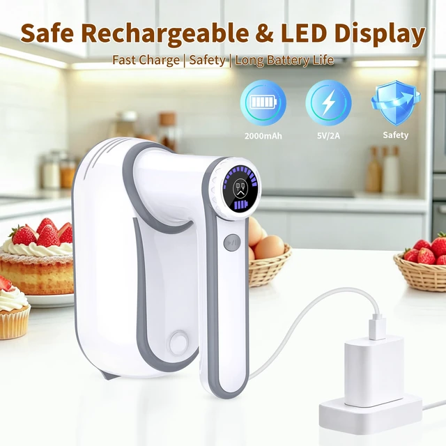 Alt view image 7 of 7 - Cordless Hand Mixer Electric, 12-Speed with Storage Case, White | Rechargeable, Eject Button, LED, Self-Stand, 6×304 Stainless Attachment, Overheat Protection, Quiet for Baking Dough Cake Egg