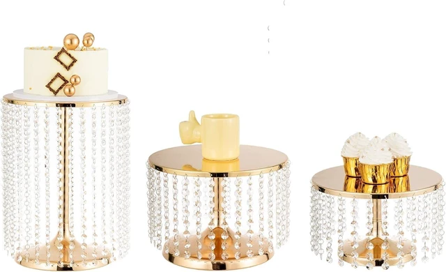 Main image of Set of 3 Gold Metal Mirror Cake Pedestal Stands with Acrylic Crystal Pendants Beads Round Dessert Display Holders for Wedding Birthday Party Cupcake Candy Serving