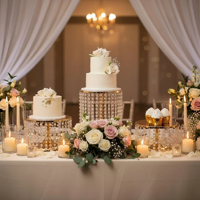 Alt view image 2 of 7 - Set of 3 Gold Metal Mirror Cake Pedestal Stands with Acrylic Crystal Pendants Beads Round Dessert Display Holders for Wedding Birthday Party Cupcake Candy Serving