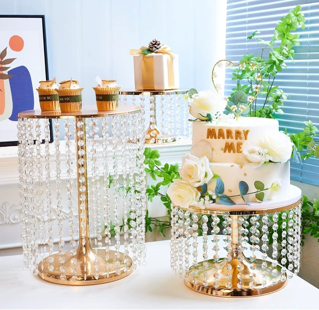Alt view image 3 of 7 - Set of 3 Gold Metal Mirror Cake Pedestal Stands with Acrylic Crystal Pendants Beads Round Dessert Display Holders for Wedding Birthday Party Cupcake Candy Serving