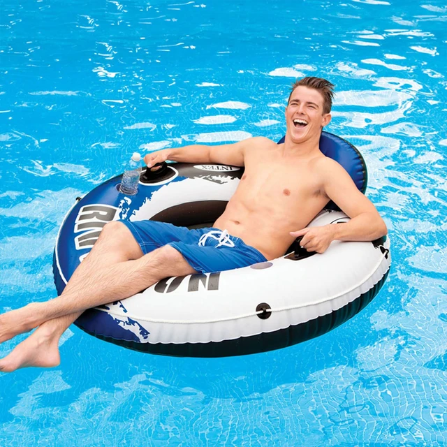 Alt view image 6 of 7 - River Run 1 Inflatable Floating Lake Lounge for Adults, 2-Pack | 58825EP - Solo Water Tube with Comfortable Backrest, Built-in Cup Holders, and All-Around Grab Rope