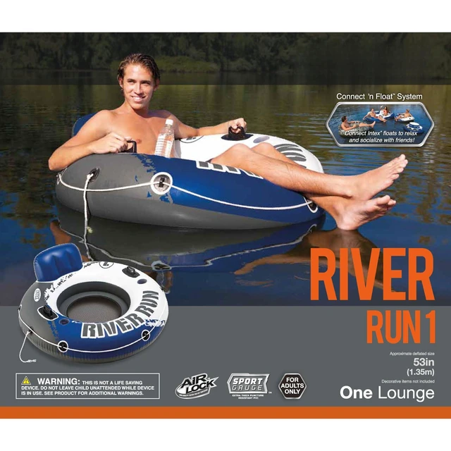 Alt view image 3 of 7 - River Run 1 Inflatable Floating Lake Lounge for Adults, 2-Pack | 58825EP - Solo Water Tube with Comfortable Backrest, Built-in Cup Holders, and All-Around Grab Rope