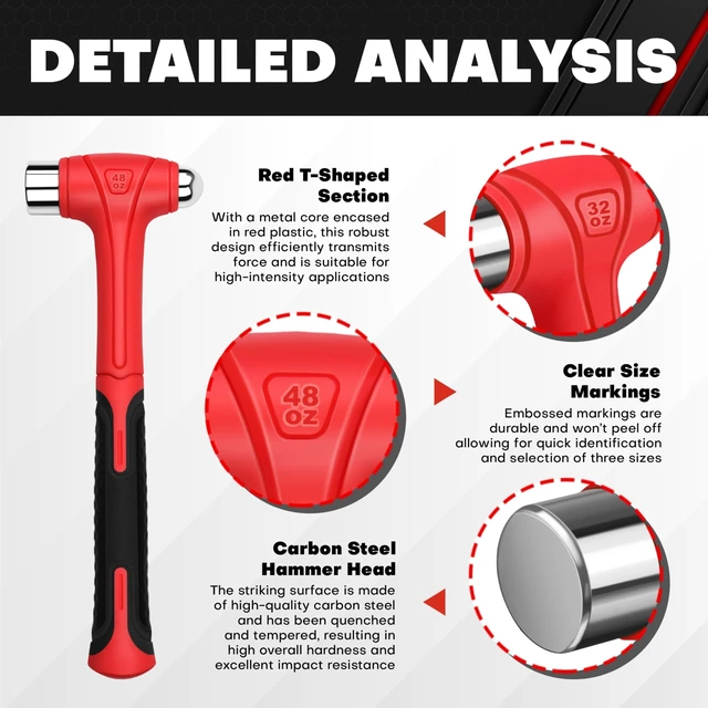Alt view image 3 of 7 - 3 Piece Ball Peen Hammer, 16oz 32oz 48oz, Fiberglass Handle hammer for Ball Peen, Blow Striking Ball Pein Hammer Handle Tool with Forged Steel Construction for Metal Working