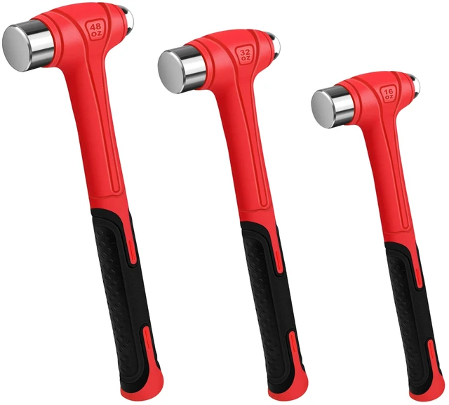 Main image of 3 Piece Ball Peen Hammer, 16oz 32oz 48oz, Fiberglass Handle hammer for Ball Peen, Blow Striking Ball Pein Hammer Handle Tool with Forged Steel Construction for Metal Working