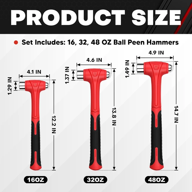 Alt view image 2 of 7 - 3 Piece Ball Peen Hammer, 16oz 32oz 48oz, Fiberglass Handle hammer for Ball Peen, Blow Striking Ball Pein Hammer Handle Tool with Forged Steel Construction for Metal Working