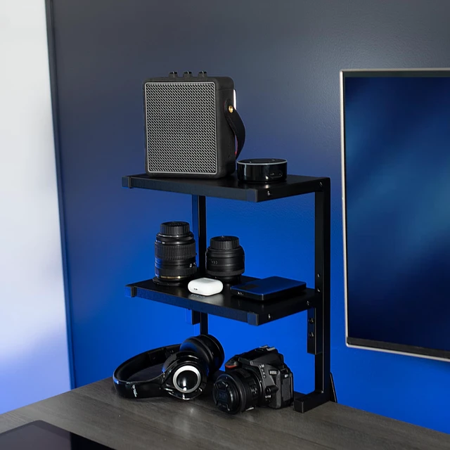 Alt view image 4 of 7 - Black Clamp-on 13 inch 2-Tier Desk Shelf, STAND-SHELF2C | Above or Below Desk, 2 Level Shelving Unit for Table Accessories, Gaming Devices, and More, Storage Tray, Desktop Organizer