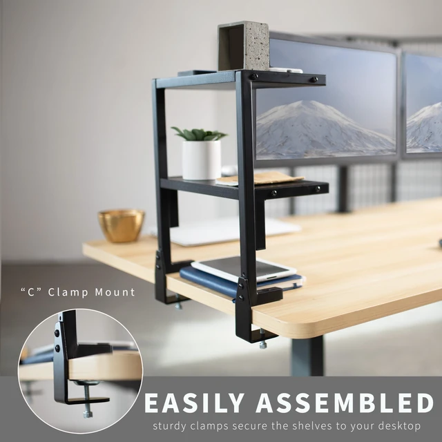 Alt view image 5 of 7 - Black Clamp-on 13 inch 2-Tier Desk Shelf, STAND-SHELF2C | Above or Below Desk, 2 Level Shelving Unit for Table Accessories, Gaming Devices, and More, Storage Tray, Desktop Organizer