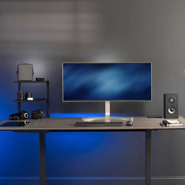 Alt view image 7 of 7 - Black Clamp-on 13 inch 2-Tier Desk Shelf, STAND-SHELF2C | Above or Below Desk, 2 Level Shelving Unit for Table Accessories, Gaming Devices, and More, Storage Tray, Desktop Organizer