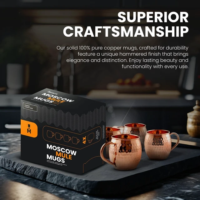 Alt view image 2 of 6 - Moscow Mule Mugs Set of 4, Pure Copper Mugs, Copper Cups 16 oz | Handcrafted hammered copper mugs, heavyweight authentic solid copper cups for mule cocktails, food-safe copper gift set of 4