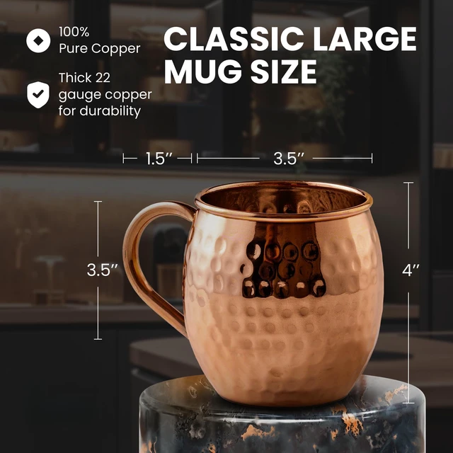 Alt view image 4 of 6 - Moscow Mule Mugs Set of 4, Pure Copper Mugs, Copper Cups 16 oz | Handcrafted hammered copper mugs, heavyweight authentic solid copper cups for mule cocktails, food-safe copper gift set of 4