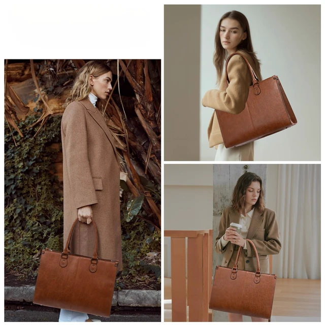 Alt view image 2 of 7 - Laptop Tote Bag for Women, 17.3 Inch Professional Work Bag with Matching Clutch, Waterproof Vintage Leather Computer Tote for Office, Business Travel & Daily Use, Gift for Women