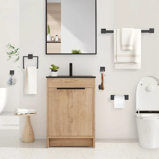 Alt view image 7 of 7 - Matte Black Bathroom Hardware Accessories Set 5 Pieces, Double Post Pivoting Toilet Paper Holder Set Stainless Steel Square Bathroom Towel Bar Holder Set Wall Mounted