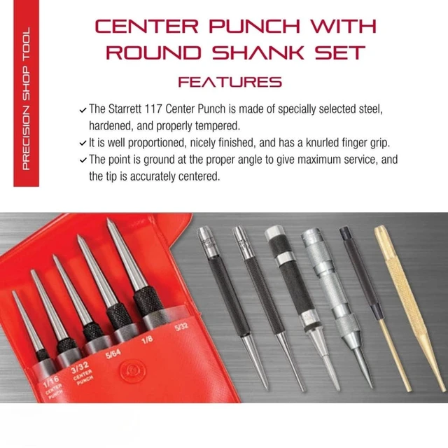 Alt view image 2 of 5 - Steel Center Punch, 0-4" Length, 5 Pieces | 1/16, 5/64, 3/32, 1/8, 5/32 Dia Tapered Point with Round Shank and Knurled Finger Grip, Hardened and Tempered Steel, S117PC