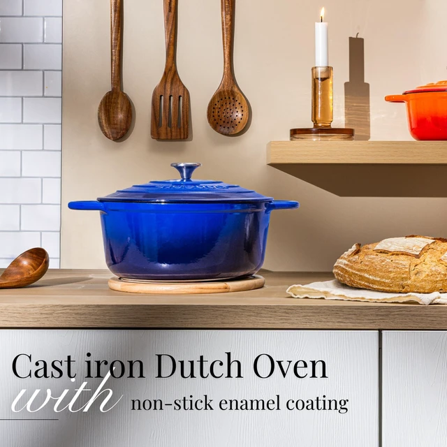 Alt view image 4 of 7 - Enamelled Cast Iron Dutch Oven Pot with Lid-6.4 Quart Non Stick Casserole Pot-Heavy Duty & Oven Safe up to 500° F for Bread Baking, Braising, Stews, Roasting - 28cm Dark Blue