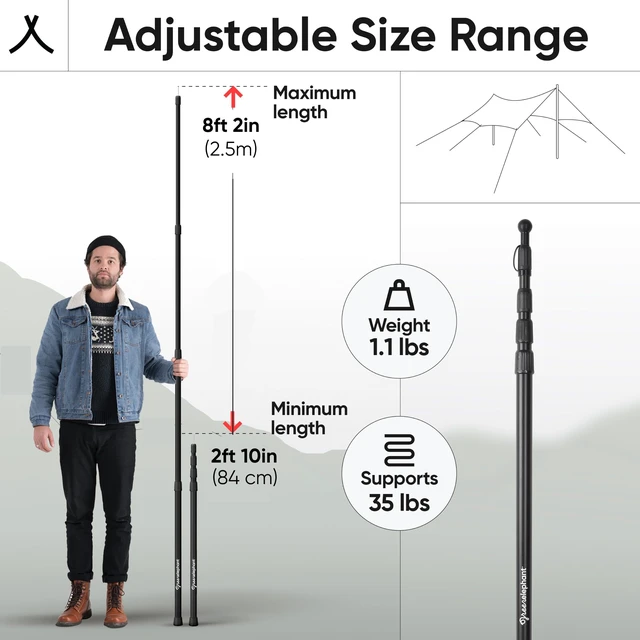 Alt view image 2 of 7 - Camping Tarp Poles - Adjustable Aluminum Telescoping Tent Poles for Tarps, Canopy & Awning - Heavy Duty Collapsible Pole Set of 2 - Extends 8ft 2.8 in, Shrinks to 2ft 9.5 in.