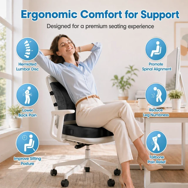 Alt view image 2 of 7 - Ergonomic Seat Cushion & Lumbar Support Pillow Set, Grey, XL | Back Pain & Sciatica Relief, Memory Foam Support, Adjustable Straps, Machine Washable Velvet, Perfect for Office, Car, Gaming