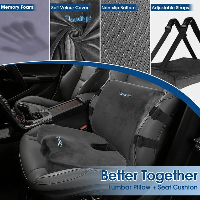 Alt view image 3 of 7 - Ergonomic Seat Cushion & Lumbar Support Pillow Set, Grey, XL | Back Pain & Sciatica Relief, Memory Foam Support, Adjustable Straps, Machine Washable Velvet, Perfect for Office, Car, Gaming