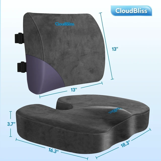 Alt view image 5 of 7 - Ergonomic Seat Cushion & Lumbar Support Pillow Set, Grey, XL | Back Pain & Sciatica Relief, Memory Foam Support, Adjustable Straps, Machine Washable Velvet, Perfect for Office, Car, Gaming