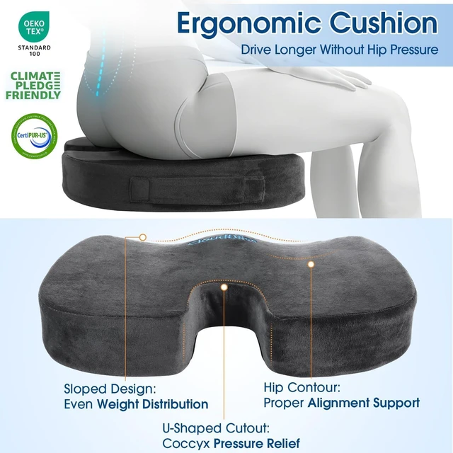 Alt view image 6 of 7 - Ergonomic Seat Cushion & Lumbar Support Pillow Set, Grey, XL | Back Pain & Sciatica Relief, Memory Foam Support, Adjustable Straps, Machine Washable Velvet, Perfect for Office, Car, Gaming