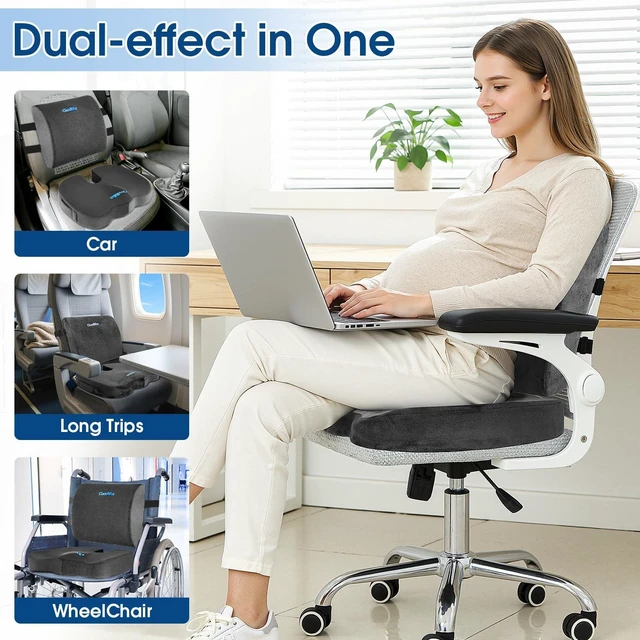 Alt view image 7 of 7 - Ergonomic Seat Cushion & Lumbar Support Pillow Set, Grey, XL | Back Pain & Sciatica Relief, Memory Foam Support, Adjustable Straps, Machine Washable Velvet, Perfect for Office, Car, Gaming