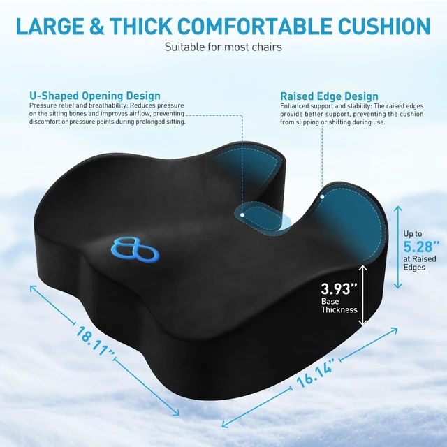 Alt view image 2 of 7 - Thick Seat Cushion for Office Chair & Car Seat, XL, Black | Memory Foam with Removable Cover, Ergonomic Tailbone & Sciatica Support for Pressure Relief and Long Sitting, 3.9" Thick