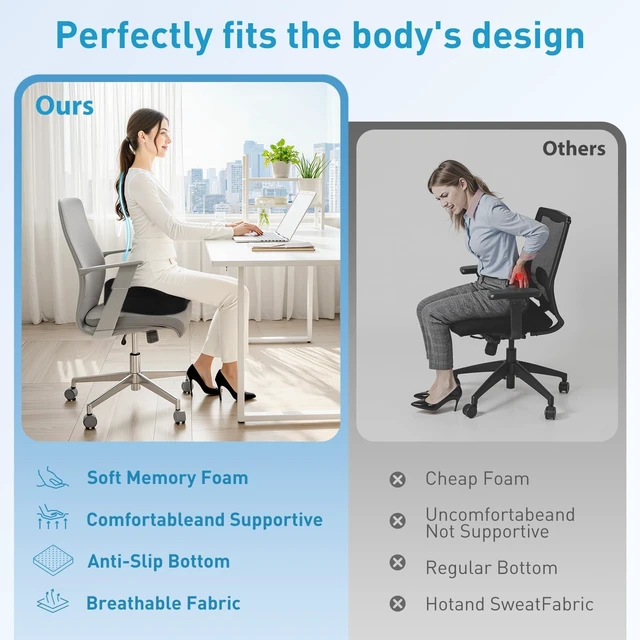 Alt view image 7 of 7 - Thick Seat Cushion for Office Chair & Car Seat, XL, Black | Memory Foam with Removable Cover, Ergonomic Tailbone & Sciatica Support for Pressure Relief and Long Sitting, 3.9" Thick
