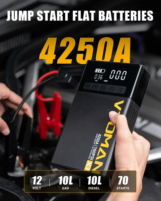 Alt view image 2 of 7 - X7 Jump Starter with Air Compressor, 160PSI Auto-Off Tire Inflator | 4250A Car Battery Portable Booster Pack for up to 10L Gas & 10L Diesel, 12V Lithium Jump Box for Pickup Trucks & Suvs, QC 3.0