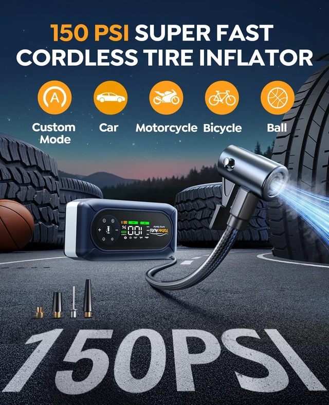 Alt view image 3 of 6 - 5000A Car Jump Starter with Air Compressor, 150PSI Tire Inflator | Car Battery Jumper Starter Portable (9L Gas/8L Diesel) 12V Jump Box Pack Jumper Cables, 18W Fast Charge, 800LM Light, Compact