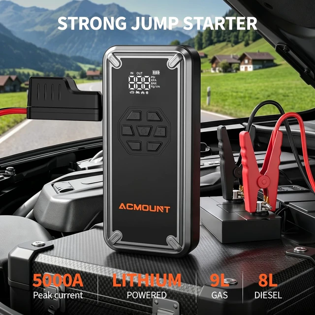 Alt view image 2 of 7 - W160 5000A Jump Starter with Air Compressor 150PSI, 12V Jump Box | Car Jumper Starter Portable(9L Gas/8L Diesel) with Jump Cables, Tire Inflator, 3 LED Light Modes, Power Bank, Car Essentials