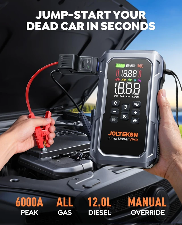 Alt view image 2 of 6 - 6000A 160PSI 9-in-1 Car Battery Jump Starter with Air Compressor & Air Blower (All Gas 12L Diesel), Battery Jumper Starter Portable Jump Box for Car Battery with 800LM Light/18W Fast Charge