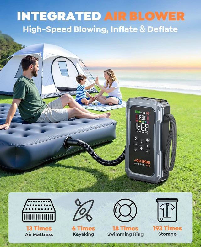 Alt view image 4 of 6 - 6000A 160PSI 9-in-1 Car Battery Jump Starter with Air Compressor & Air Blower (All Gas 12L Diesel), Battery Jumper Starter Portable Jump Box for Car Battery with 800LM Light/18W Fast Charge