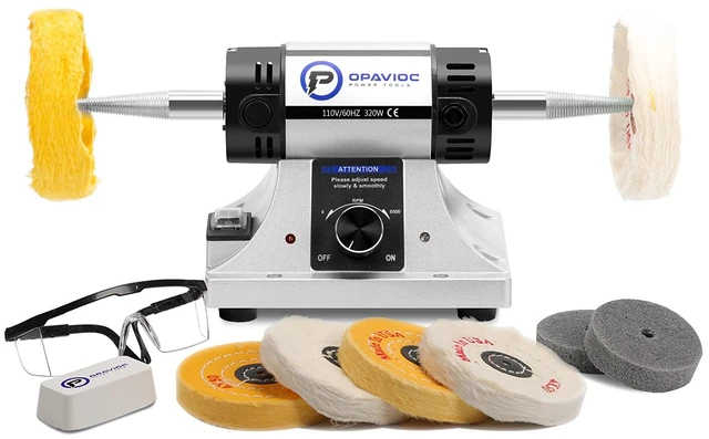 Main image of Jewelry Polisher - Adjustable Variable Speed Bench Grinder Polishing & Buffing Machine, Dental Buffer & Lathe - Includes 6 Cloth Wheels, 2 Abrasive Fiber Wheels, Safety Glass, Polish Compound