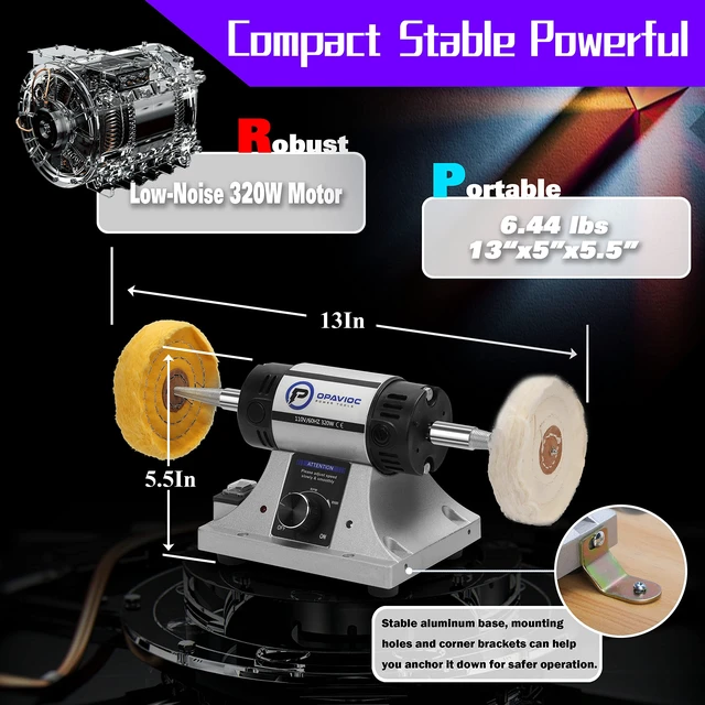 Alt view image 3 of 6 - Jewelry Polisher - Adjustable Variable Speed Bench Grinder Polishing & Buffing Machine, Dental Buffer & Lathe - Includes 6 Cloth Wheels, 2 Abrasive Fiber Wheels, Safety Glass, Polish Compound